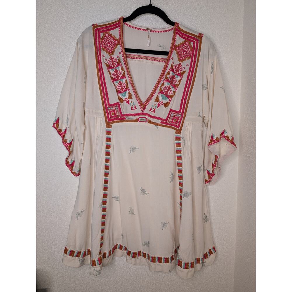 Free People Tulum Embroidered Smock Mini Dress Boho S Peasant Tunic *READ